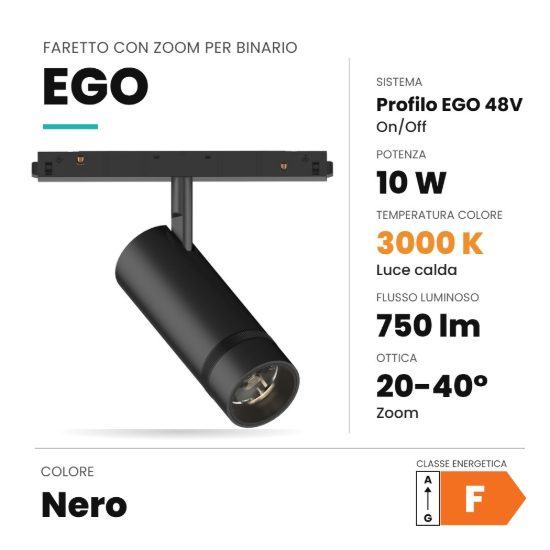 Ideal lux ego faretto per binario 48v orientabile con zoom led 10w 3000k nero