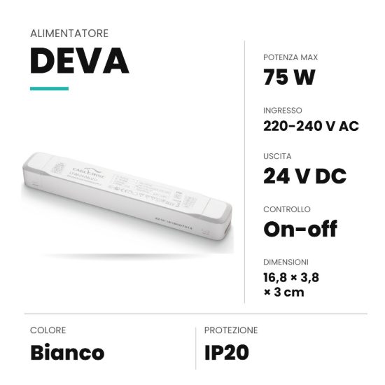 Ideal lux deva alimentatore on-off 75w 24v per binario magnetico bianco