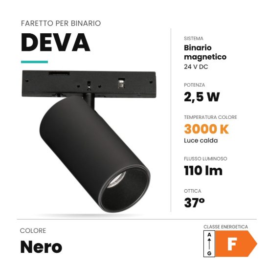 Ideal lux deva faretto per binario magnetico 24v orientabile led 2,5w 3000k nero