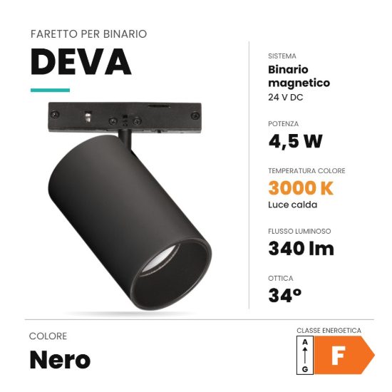 Ideal lux deva faretto per binario magnetico 24v orientabile led 4,5w 3000k nero