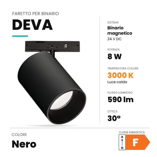 Ideal lux deva faretto per binario magnetico 24v orientabile led 8w 3000k nero