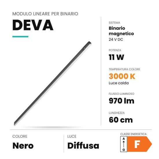 Ideal lux deva wide inner faretto lineare per binario magnetico led 11w 3000k 60cm luce diffusa nero