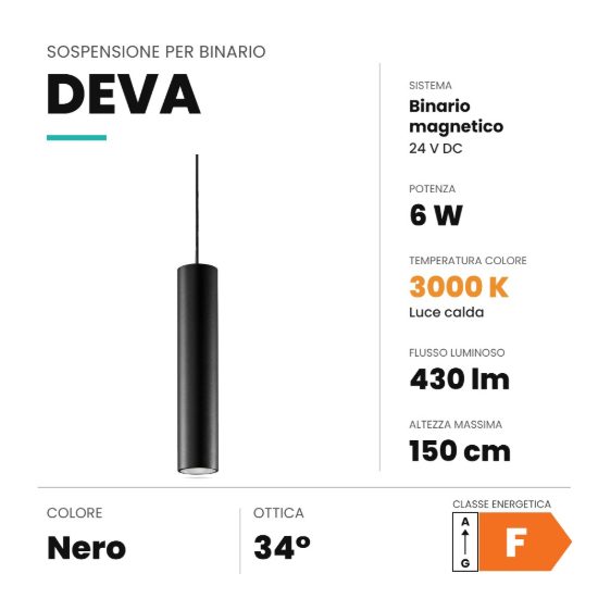 Ideal lux deva pendant tube lampada a sospensione per binario magnetico led 6w 3000k 4cm nera