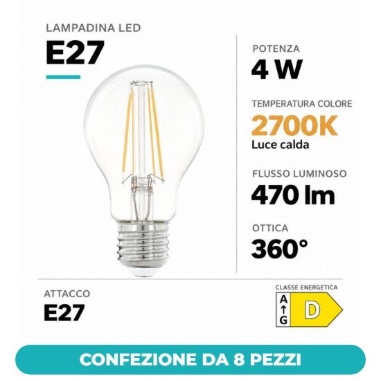 Eglo lampadina led e27 4w 2700k a goccia trasparente a filamento equivalente 40w confezione da 8 pezzi