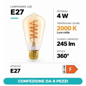 Eglo lampadina led e27 4w 2000k a oliva ambrata 6,4cm con filamento a spirale dimmerabile confezione da 8 pezzi