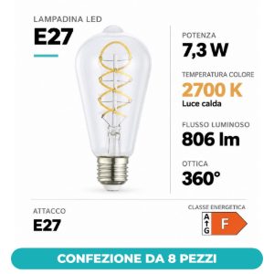 Eglo lampadina led e27 7,3w 2700k a oliva trasparente 6,4cm con filamento a spirale confezione da 8 pezzi