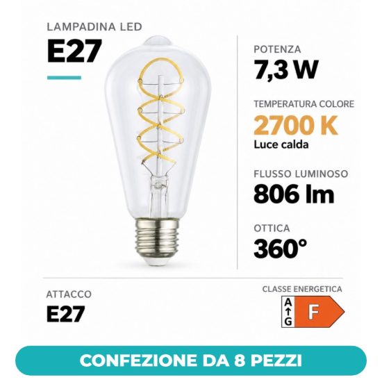 Eglo lampadina led e27 7,3w 2700k a oliva trasparente 6,4cm con filamento a spirale confezione da 8 pezzi