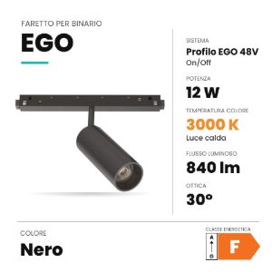 Ideal lux ego faretto per binario 48v orientabile led 12w 3000k nero
