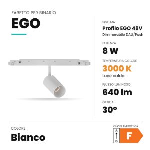 Ideal lux ego faretto per binario 48v orientabile led 8w 3000k dali bianco