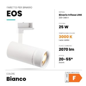 Ideal lux eos faretto per binario trifase orientabile led 25w 3000k con zoom cilindrico bianco