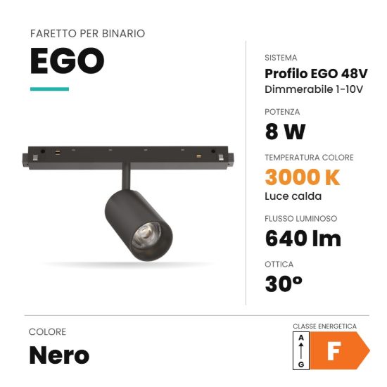 Ideal lux ego faretto per binario 48v orientabile led 8w 3000k 1-10v nero