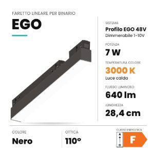 Ideal lux ego wide faretto lineare per binario led 7w 3000k 28,4cm 1-10v nero