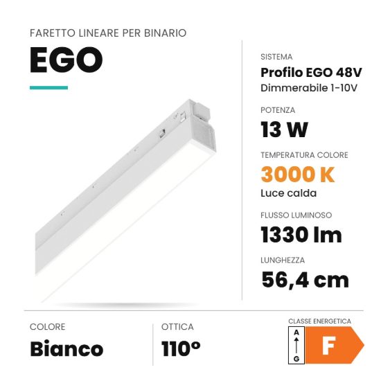 Ideal lux ego wide faretto lineare per binario led 13w 3000k 56,4cm 1-10v bianco
