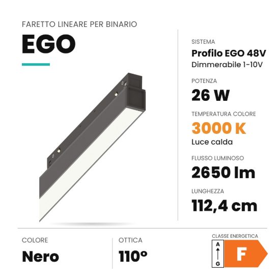 Ideal lux ego wide faretto lineare per binario led 26w 3000k 112,4cm 1-10v nero