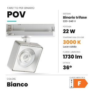 Ideal lux pov faretto per binario trifase orientabile led 22w 3000k quadrato moderno bianco