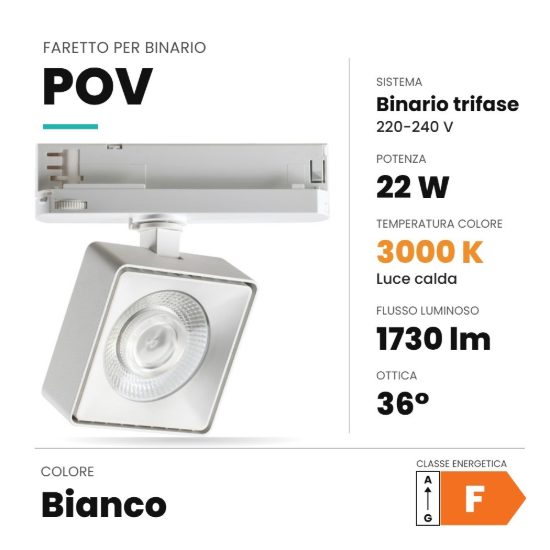 Ideal lux pov faretto per binario trifase orientabile led 22w 3000k quadrato moderno bianco