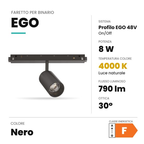 Ideal lux ego faretto per binario 48v orientabile led 8w 4000k nero