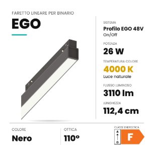 Ideal lux ego wide faretto lineare per binario led 26w 4000k 112,4cm on-off nero