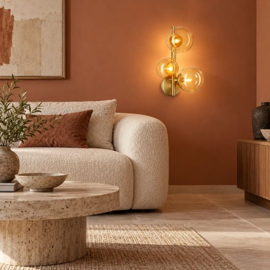 Ideal lux perlage applique 3 luci g9 per soggiorno contemporanea con sfere in vetro ambra