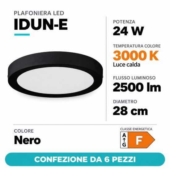 Eglo idun e plafoniera led 24w 3000k 28cm moderna rotonda nera confezione da 6 pezzi