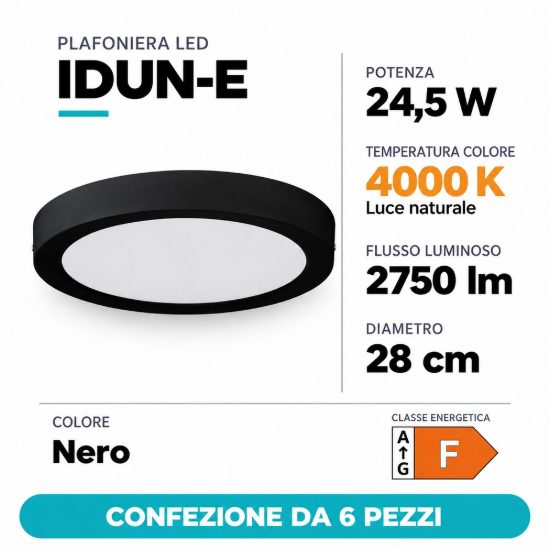 Eglo idun e plafoniera led 24,5w 4000k 28cm moderna rotonda nera confezione da 6 pezzi