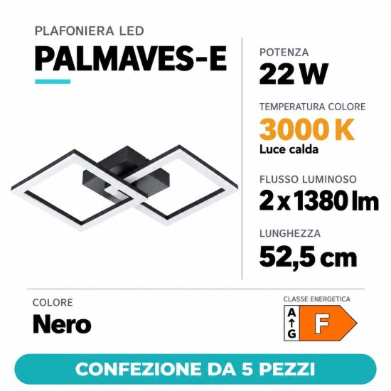Eglo palmaves e plafoniera led 22w 3000k 52,5cm per soggiorno moderna nera confezione da 5 pezzi