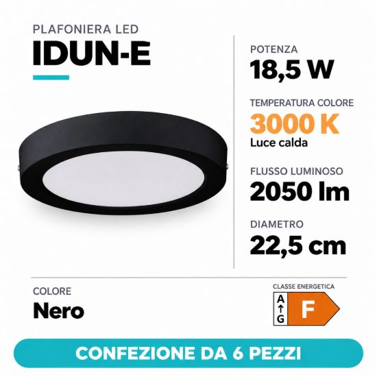 Eglo idun e plafoniera led 18,5w 3000k 22,5cm moderna rotonda nera confezione da 6 pezzi
