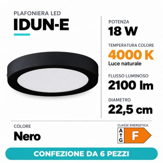 Eglo idun e plafoniera led 18w 4000k 22,5cm moderna rotonda nera confezione da 6 pezzi