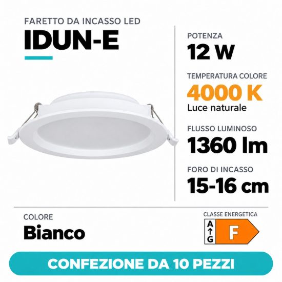 Eglo idun e faretto da incasso per cartongesso 12w 4000k foro 15-16cm bianco confezione da 10 pezzi