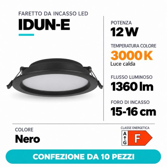 Eglo idun e faretto da incasso per cartongesso 12w 3000k foro 15-16cm nero confezione da 10 pezzi
