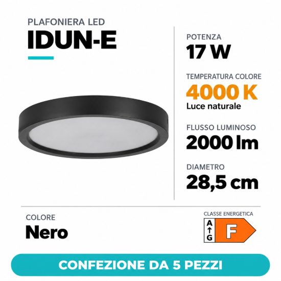 Eglo idun e plafoniera led 17w 4000k 28,5cm moderna rotonda nera confezione da 5 pezzi