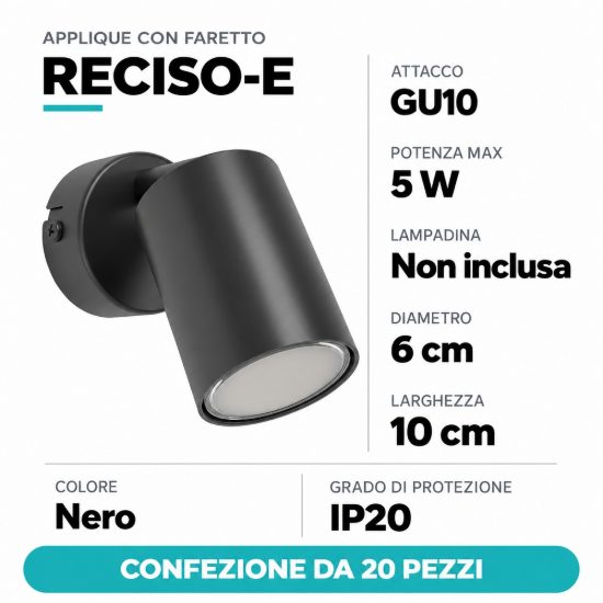 Eglo reciso e applique con faretto gu10 orientabile 6cm moderna nera confezione da 20 pezzi