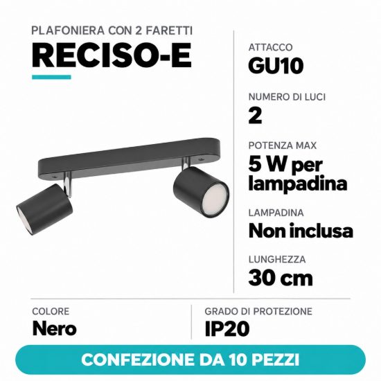 Eglo reciso e plafoniera con 2 faretti gu10 orientabili 30cm moderna nera confezione da 10 pezzi