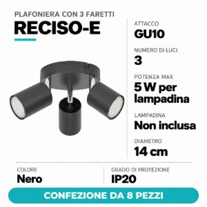 Eglo reciso e plafoniera con 3 faretti gu10 orientabili 14cm moderna nera confezione da 8 pezzi