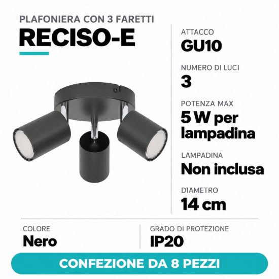 Eglo reciso e plafoniera con 3 faretti gu10 orientabili 14cm moderna nera confezione da 8 pezzi