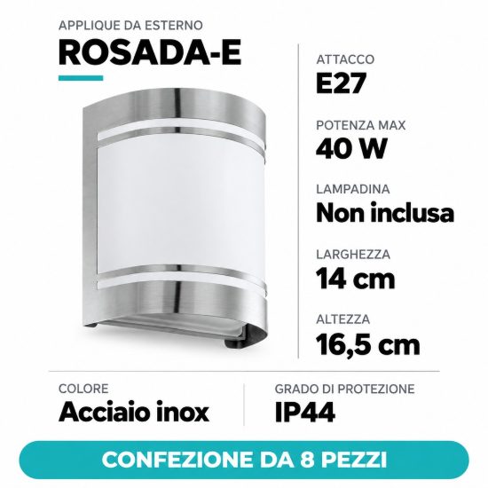 Eglo rosada e applique da esterno 14cm ip44 moderna rettangolare acciaio inox confezione da 8 pezzi