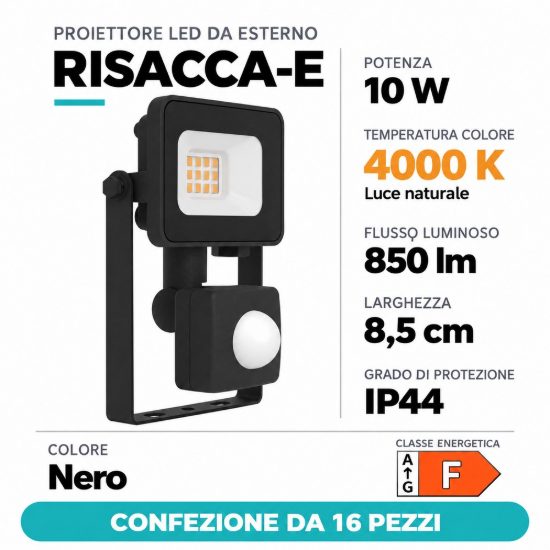 Eglo risacca e proiettore da esterno 10w 4000k ip44 8,5cm nero con sensore confezione da 16 pezzi