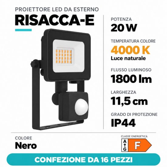 Eglo risacca e proiettore da esterno 20w 4000k ip44 11,5cm nero con sensore confezione da 16 pezzi