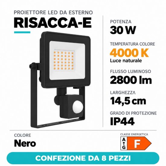 Eglo risacca e proiettore da esterno 30w 4000k ip44 14,5cm nero con sensore confezione da 8 pezzi