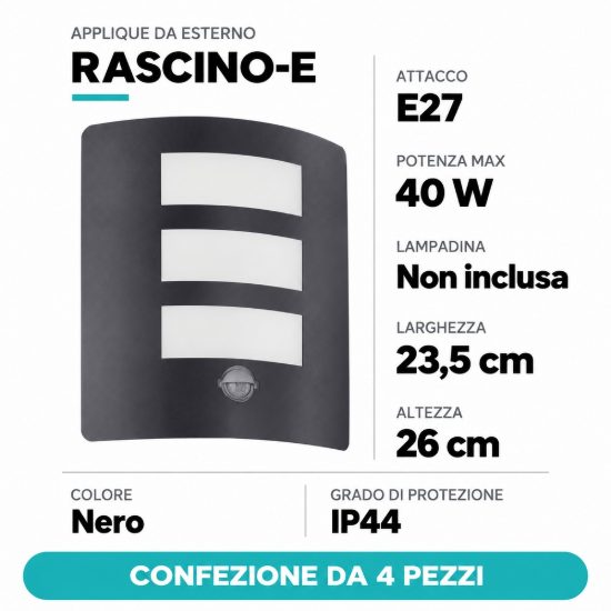 Eglo rascino e applique da esterno 23,5cm ip44 nera con sensore di movimento confezione da 4 pezzi