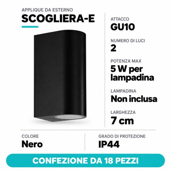 Eglo scogliera e applique da esterno 2 luci 7cm semiovale biemissione nera confezione da 18 pezzi