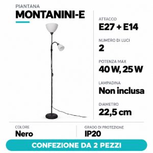 Eglo montanini e piantana 2 luci e27 e14 176cm per soggiorno moderna nera confezione da 2 pezzi