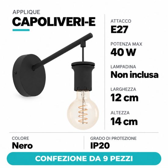 Eglo capoliveri e applique senza paralume 12cm per ingresso industriale nera confezione da 9 pezzi