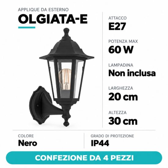Eglo olgiata e applique da esterno 20cm ip44 a lanterna verso l'alto nera confezione da 4 pezzi