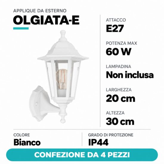 Eglo olgiata e applique da esterno 20cm ip44 a lanterna verso l'alto bianca confezione da 4 pezzi