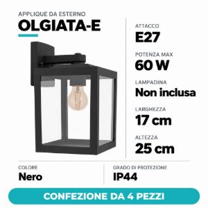 Eglo olgiata e applique da esterno 17cm ip44 a lanterna verso il basso nera confezione da 4 pezzi