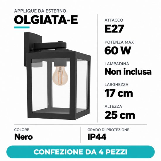 Eglo olgiata e applique da esterno 17cm ip44 a lanterna verso il basso nera confezione da 4 pezzi