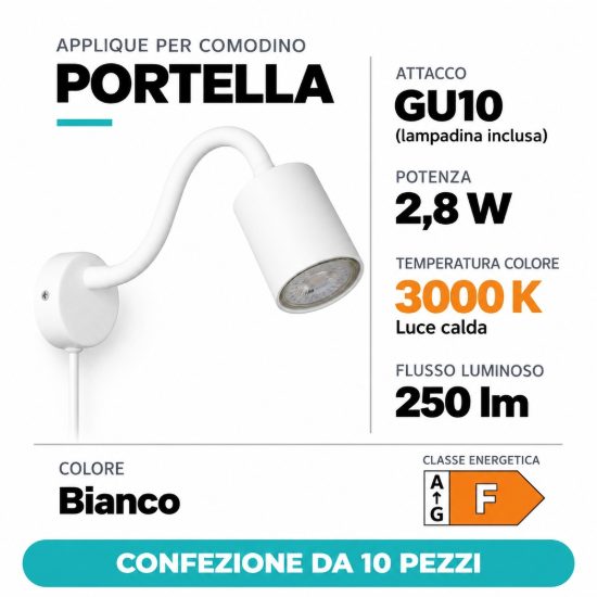 Eglo portella applique per comodino gu10 led 2,8w 3000k 6cm bianca confezione da 10 pezzi