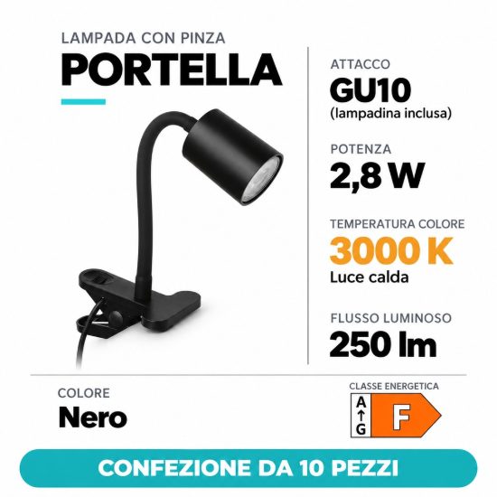 Eglo portella lampada da scrivania con pinza gu10 2,8w 3000k 30,4cm nera confezione da 10 pezzi