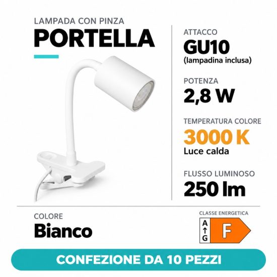 Eglo portella lampada da scrivania con pinza gu10 2,8w 3000k 30,4cm bianca confezione da 10 pezzi